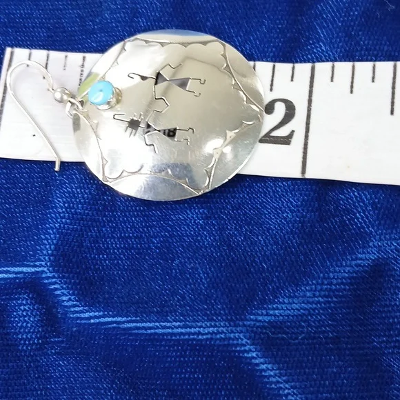 Native American Hook Earrings Sterling Silver Cut Out Figures and Turquoise - Picture 9 of 12